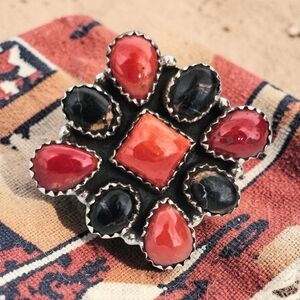 ITALIAN CORAL AND BLACK JACK DAHLIA RING 925 STERLING SILVER SIZE 9.5